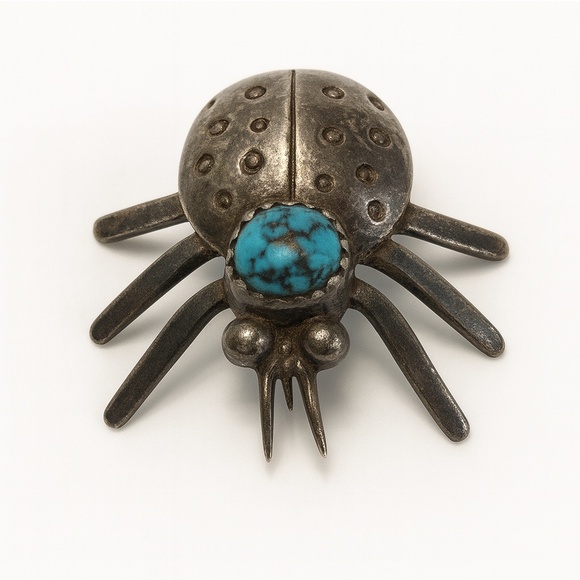 VINTAGE Native Southwest Sterling Silver Turquoise Ladybug Insect Brooch Pin EUC - Picture 1 of 16